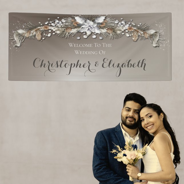 Eleganter Silver Winter Floral Wedding Willkommen Banner (Winter Silver Wedding Theme. Welcome banner for reception wedding events.)