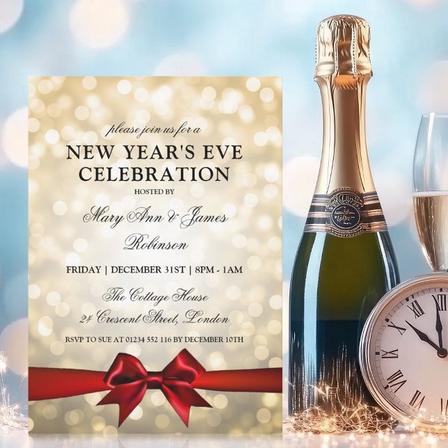 Eleganter Silvester Gold Bokeh Lights Red Bow Einladung (Elegant New Years Eve Gold Bokeh Lights Red Bow Invitation)