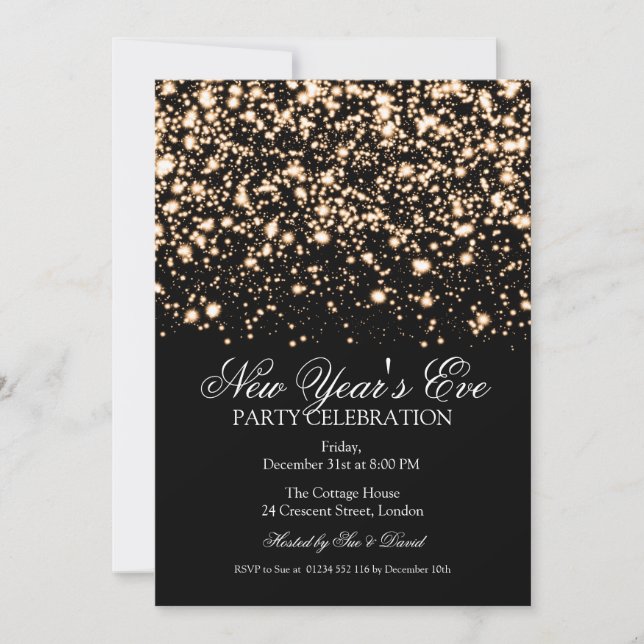 Eleganter Silvester Gold Midnight Glam Einladung (Vorderseite)