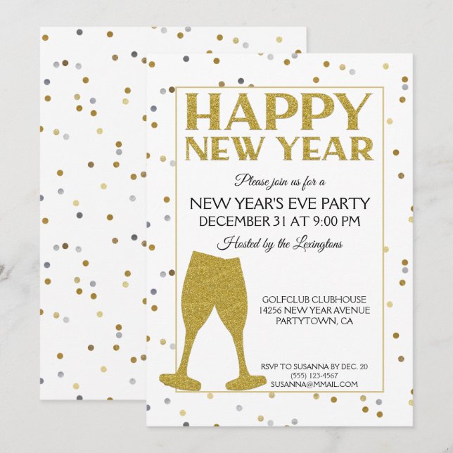 Eleganter Silvester Party Glitzer Confetti Einladung (Vorne/Hinten)