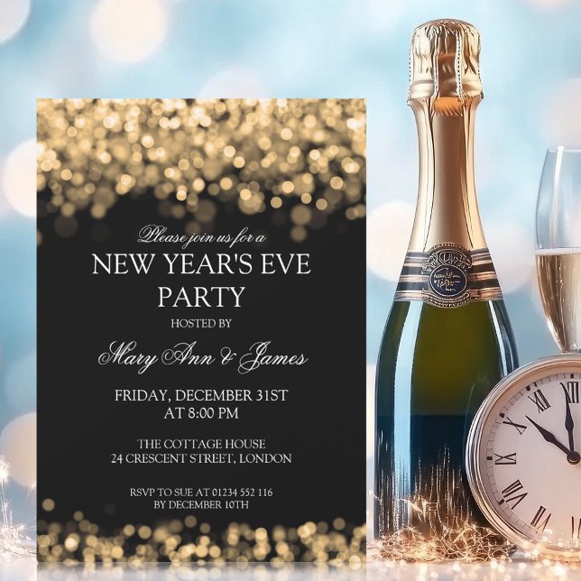 Eleganter Silvester Party Gold Lights Einladung (Elegant New Years Eve Party Gold Lights Invitation)