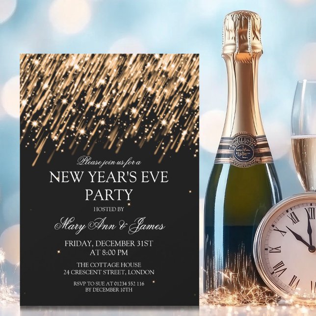 Eleganter Silvester Party Gold Stars & Glitzern Einladung (Elegant New Years Eve Party Gold Stars & Sparkles Invitation)