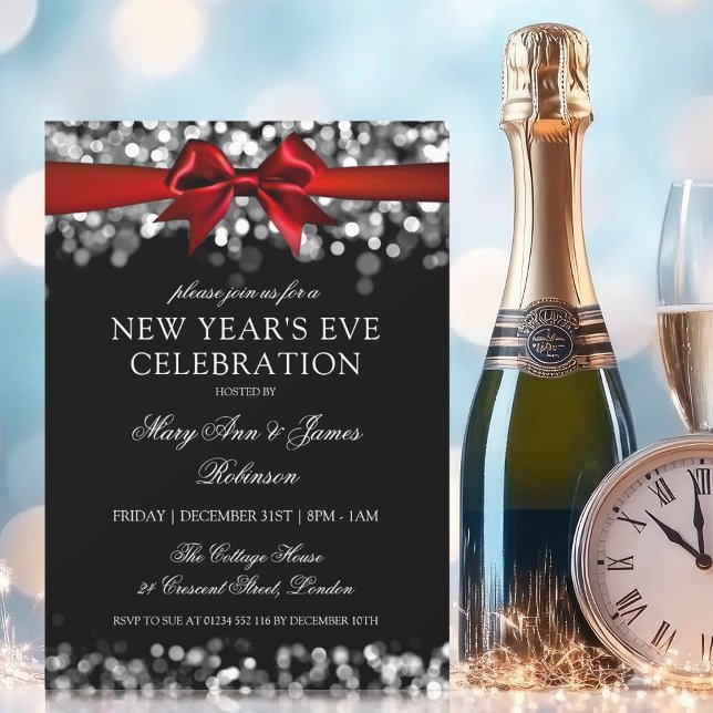 Eleganter Silvester Silver Glimmerstrahler Einladung (Elegant New Years Eve Silver Shimmering Lights Bow Invitation)