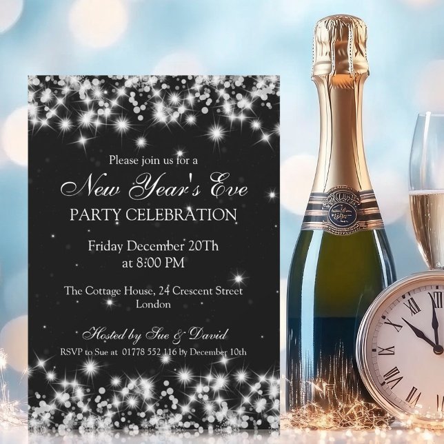 Eleganter Silvester Winter Sparkle Schwarz Einladung (Elegant New Years Eve Winter Sparkle Black Invitation)