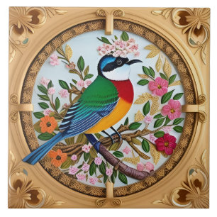 Eleganter Singvogel auf einem blumigen Ast Fliese