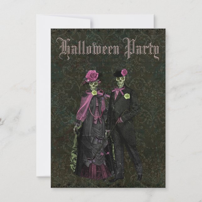 Eleganter Skelett-Shabby Chic-Damast Halloween Einladung (Vorderseite)