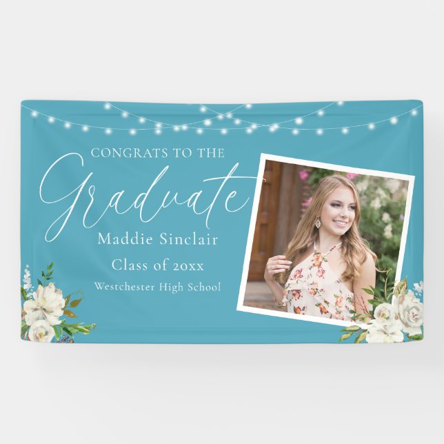 Eleganter Sky Blue Foto Floral Abschluss Banner (Horizontal)