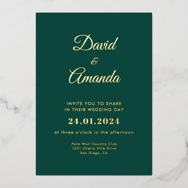 Eleganter Smaragd und Gold Wedding Foil Einladung (Vorderseite)