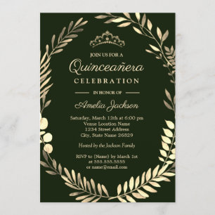 Eleganter Smaragdgrüner Goldener Kranz Quinceanera Einladung