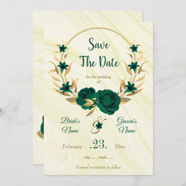 eleganter smaragdgrüner goldfarbener Blumenkranz Save The Date (Vorne/Hinten)
