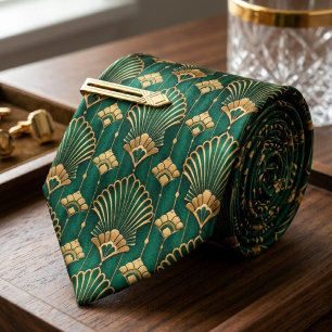 Eleganter Smaragdgrüner und goldener Art Deco Fäch Krawatte