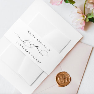 Eleganter Smoking Weiß Schwarz Kalligrafie Hochzei Einladungsbanderole