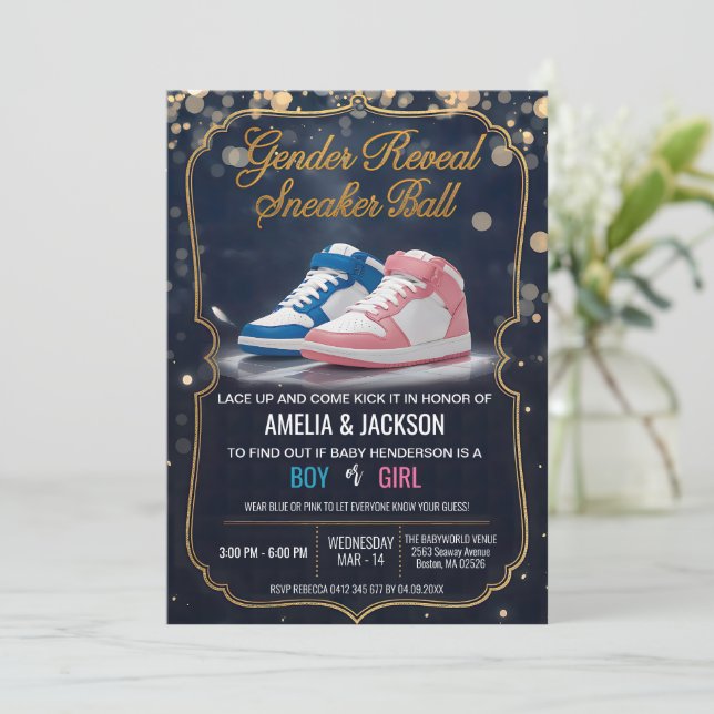 Eleganter Sneaker-Ball: Eine Genderoffenbarung Einladung (Stehend Vorderseite)