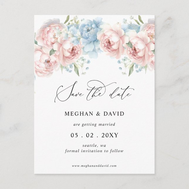 Eleganter Sommer Blush Bloral Save the Date Ankündigungspostkarte (Vorderseite)
