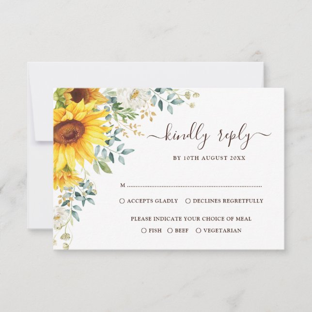 Eleganter Sommer Sonnenblumen Grüne Hochzeit RSVP Karte (Vorderseite)