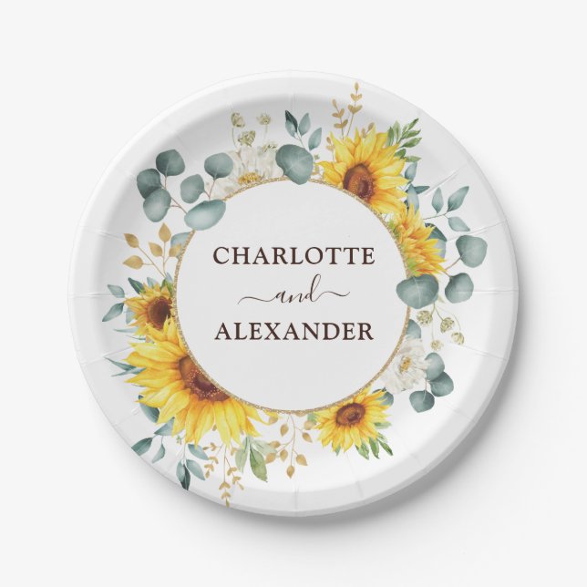 Eleganter Sonnenblume-Sommer-Blumengarten-Hochzeit Pappteller (Vorderseite)