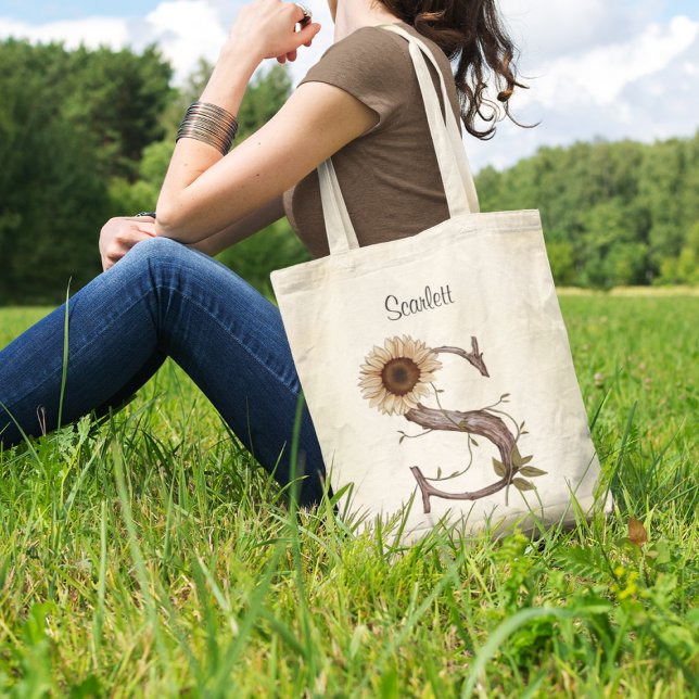 Eleganter Sonnenblumenbuchstabe S Blumenmonogramm  Tragetasche (Von Creator hochgeladen)