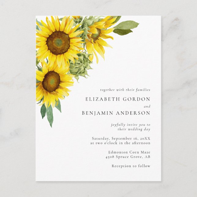 Eleganter Sonnenblumenfall Hochzeit Wasserfarbener Postkarte (Vorderseite)