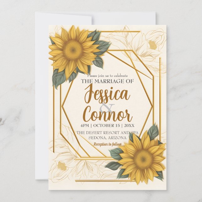 Eleganter Sonnenblumenrahmen für Hochzeiten Zeichn Einladung (Vorderseite)