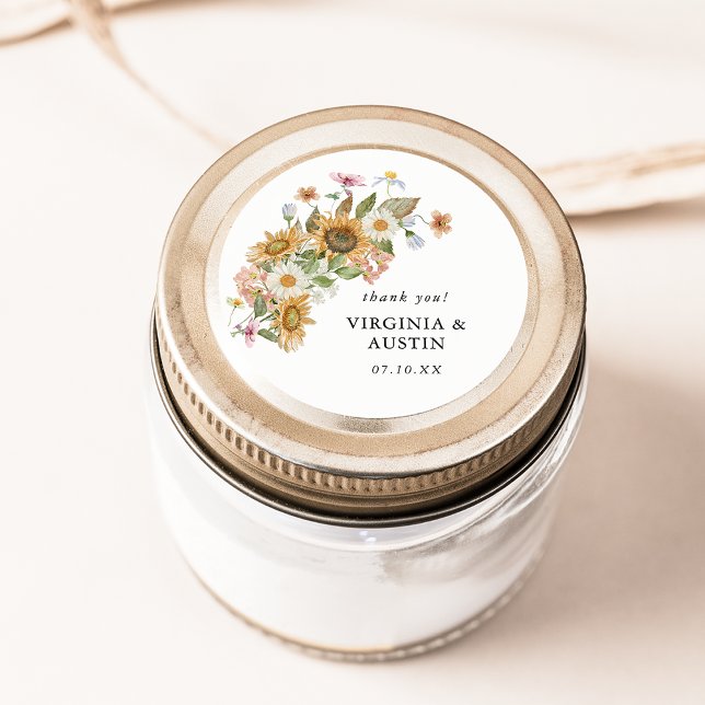 Eleganter Sonnenblumensticker Runder Aufkleber (Elegant Sunflower Wildflower Round Thank You Sticker by Painted Paperie
)