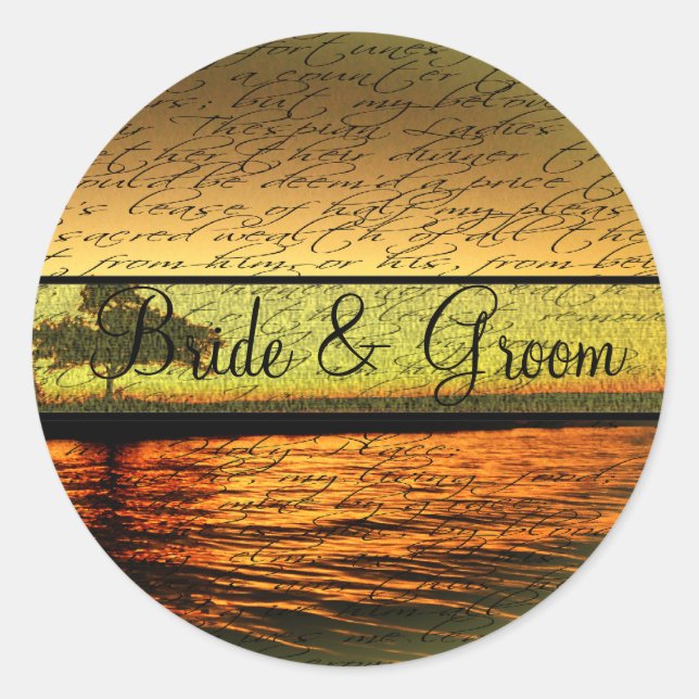 Eleganter Sonnenuntergang Hochzeitsticker Runder Aufkleber (Vorderseite)
