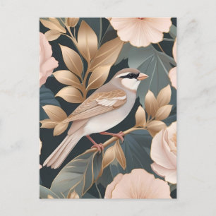 Eleganter Sparrow Rosa und Gold Floral Postkarte