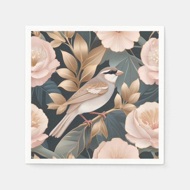 Eleganter Sparrow Rosa und Gold Floral Serviette (Vorderseite)