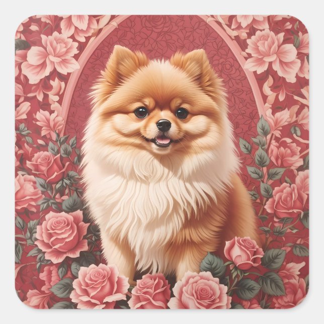 Eleganter Spitz Dog William Morris Inspiriert Quadratischer Aufkleber (Vorderseite)