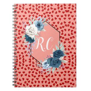 Eleganter Staubblauer Blumen- und Roter-Herzen-Mon Notizblock
