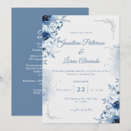 Eleganter Staubblauer Blumen-Wasserfarben-Hochzeit Einladung