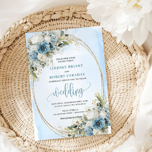 Eleganter Staubblauer Blumenhochzeit Goldrahmen  Einladung