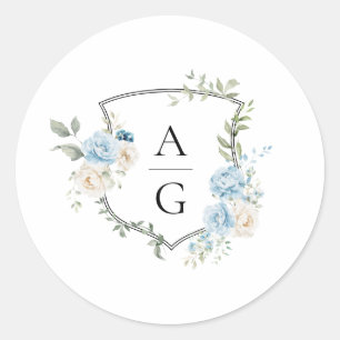 Eleganter Staubblauer Blumenmonogrammwappen-Hochze Runder Aufkleber
