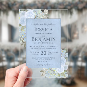 Eleganter Staubblauer Blumenstil Text Hochzeit Acryleinladungen