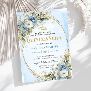 Eleganter Staubblauer Goldgrüner Quinceañera-Einla Einladung