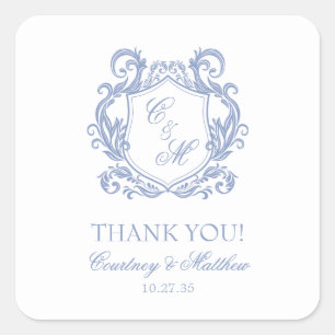 Eleganter staubblauer Monogramm-Wappenschild Danke Quadratischer Aufkleber