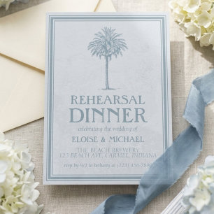 Eleganter staubblauer Palmenhochzeitsprobe Einladung
