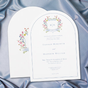 Eleganter staubblauer Pastell-Wildblumen-Wappen-Ho Einladung