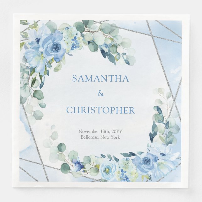 Eleganter, staubblauer silberfarbener Aquarellrahm Serviette (Vorderseite)
