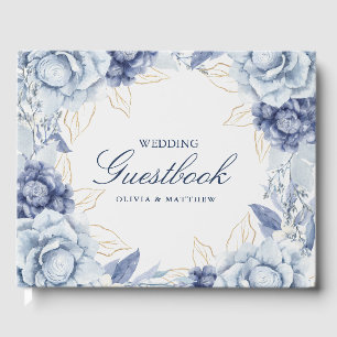 Eleganter Staubblauer und Hellblauer Floral-Hochze Gästebuch