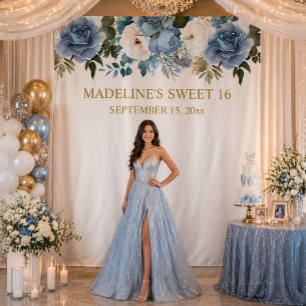 Eleganter staubblauer weißer Blumen-Sweet-16-Foto Wandteppich