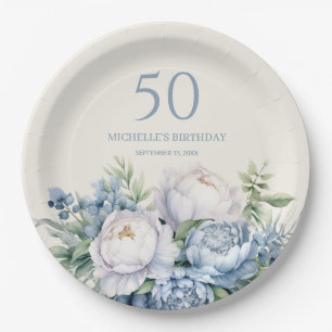 Eleganter staubblauer weißer Blumenstrauß 50. Gebu Pappteller