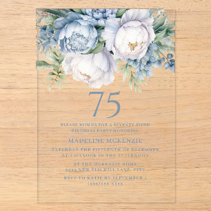 Eleganter staubblauer weißer Blumenstrauß zum 75. Acryleinladungen