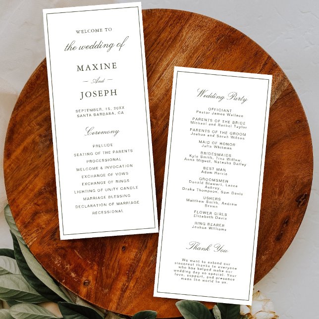 Eleganter Staubgrün-Script-Klassiker Hochzeit Programm (Elegant dusty green wedding programs add a polished touch while sharing every detail.)