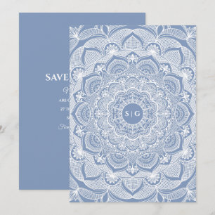 Eleganter, staubiger, weißer Spitzenmanala Save The Date