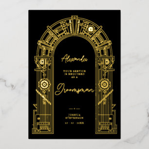 Eleganter Steampunk-Antrag für Trauzeugen Gold TLW Folieneinladung