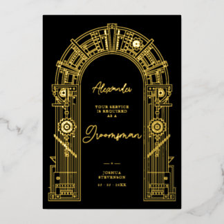 Eleganter Steampunk-Antrag für Trauzeugen Gold TLW Folieneinladung