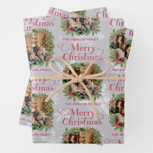 Eleganter Stechpalmenkranz Frohe Weihnachten Famil Geschenkpapier Set