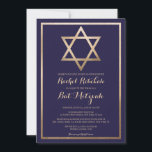 Eleganter Stern von David: Moderner Bat Mitzvah Einladung<br><div class="desc">Feiern Sie den besonderen Tag Ihres Kindes mit unserer modernen und eleganten Fledermausmitzvah-Einladung. Das Design umfasst ein Imitat, gedruckt mit Goldfolie Star of David und Rahmen, Set vor einem einfachen marineblauen Hintergrund mit verzierter kursiver Typografie. Diese schicke, hübsche, minimalistische und regale Einladung ist die perfekte Wahl, um dieses bedeutsame Ereignis...</div>