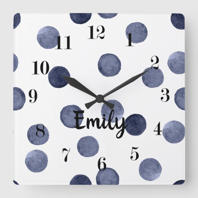 Eleganter Stil, Aquarellpolka-Punkt, blau und weiß Quadratische Wanduhr (Vorderseite)