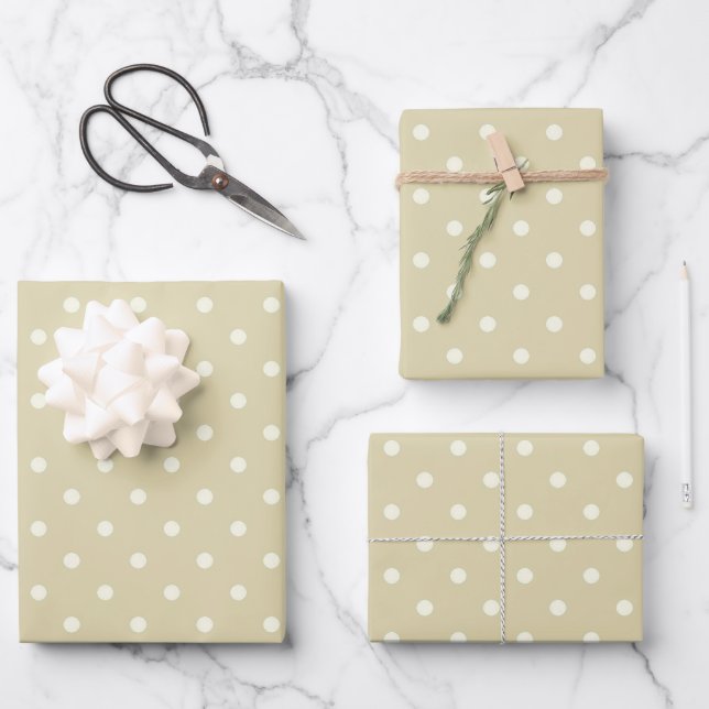 Eleganter Stil Blassbeige Ecru und weiße Polka Dot Geschenkpapier Set (Vorderseite)